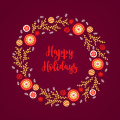 Christmas wreath with balls, fir branches, stars and golden leaves