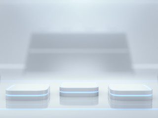 Pedestal for display,Platform for design,Blank product stand with light glow,Future background.3D rendering.