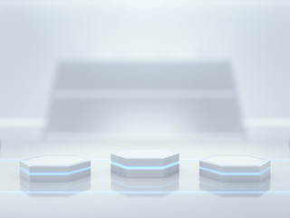 Pedestal for display,Platform for design,Blank product stand with light glow,Future background.3D rendering.