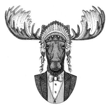Moose, elk Wild animal wearing inidan hat, head dress with feathers Hand drawn image for tattoo, t-shirt, emblem, badge, logo, patch