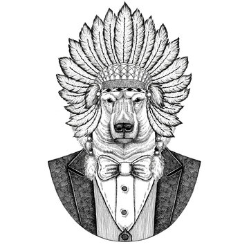 Polar bear Wild animal wearing inidan hat, head dress with feathers Hand drawn image for tattoo, t-shirt, emblem, badge, logo, patch