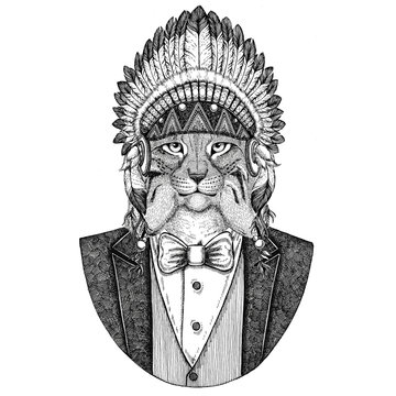 Wild cat Lynx Bobcat Trot Wild animal wearing inidan hat, head dress with feathers Hand drawn image for tattoo, t-shirt, emblem, badge, logo, patch