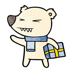 cartoon angry polar bear with xmas present