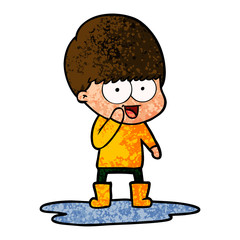 happy cartoon boy splashing in puddle