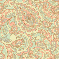 Paisley elegance seamless pattern with ethnic flowers and leaf, vector floral illustration in vintage style