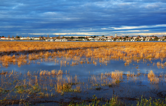 Landscape, view from sea at picturesque village in Vendee