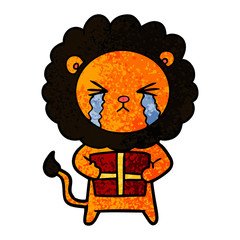 cartoon crying lion with gift