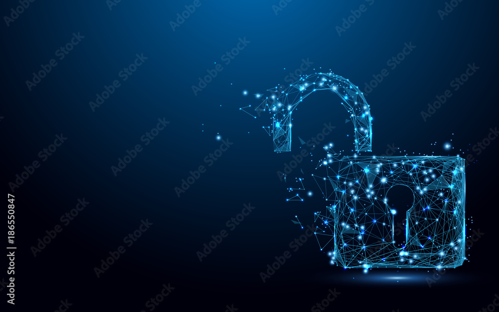 Leinwandbilder cyber unlock security concept. lock symbol form lines and triangles, point connecting network on blu