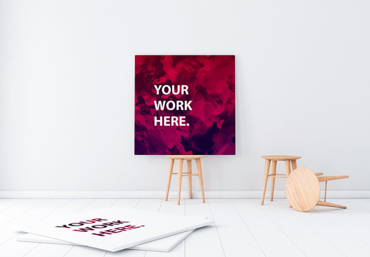 Square Canvas Mockup on Wooden Barstool 1