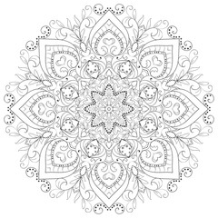 circular floral monochrome pattern for coloring book, with small openwork elements
