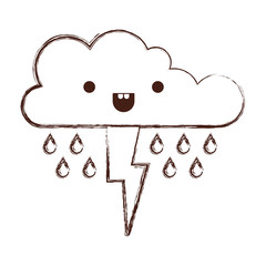 kawaii cloud with rain and thunderbolt in monochrome blurred silhouette