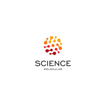 Science Abstract Red Color Halftone Logo From Related Circles, New Technology Vector Symbol.