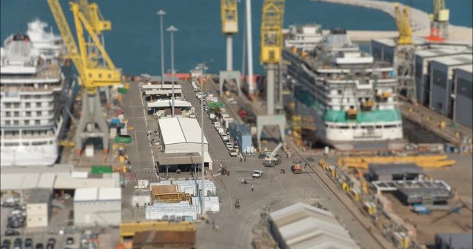 Cruise ship under construction. 4K Tilt Shift / time-lapse
