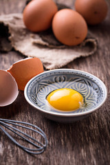 Raw chicken eggs and whisk