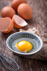 Raw chicken eggs and whisk