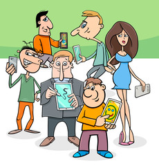 cartoon people group with electronic devices