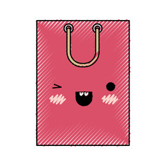 square kawaii shopping bag icon with handle in colored crayon silhouette