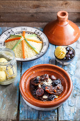 Delicious Moroccan tajine with beeef, prunes, raisins, figs and almonds