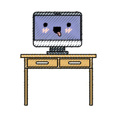 desk table with drawers and kawaii desktop computer above in colored crayon silhouette