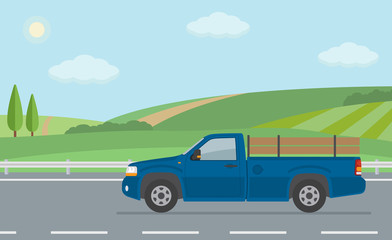 Obraz na płótnie Canvas Rural landscape with road and moving pickup truck. Flat style vector illustration.