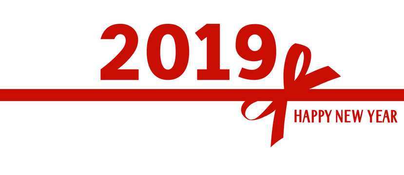2019 Happy New Year. Title design for calendar or brochure. Red number 2019 with bow silhouette