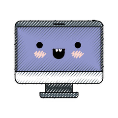 kawaii desktop computer in colored crayon silhouette