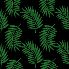 Fototapeta na wymiar Seamless pattern with little green palm leaf embroidery stitches imitation
