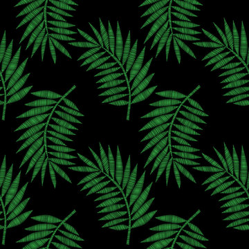 Seamless pattern with little green palm leaf embroidery stitches imitation