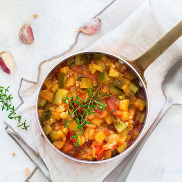 Stew organic vegetables ragout french ratatouille in stewpan