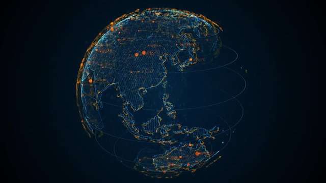 Pixel blue 3D planet Earth with big data animation. Rotating globe, shining continents with floating numbers. Abstract cyber animation with depth of field and glow. 4K, loop, UHD ProRes