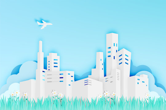 Modern City In Paper Art Style With Flower Field