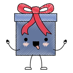 animated kawaii gift box icon with decorative ribbon in colored crayon silhouette