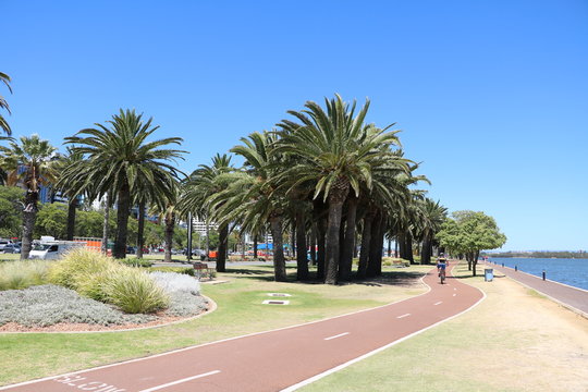 Footpath and bike path in Perth City at Swan River, Western Australia 