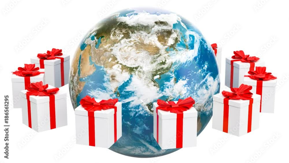 Poster earth globe with presents rotating around. global christmas and new year concept. 3d rendering isola