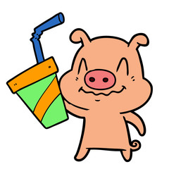 nervous cartoon pig with huge soda