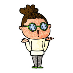 cartoon shrugging woman wearing spectacles