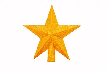 Gordijnen Gold Star on white background isolated. Decoration Christmas tree top gold star. © maestrovideo