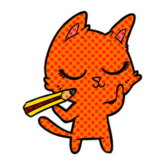 calm cartoon cat with pencil