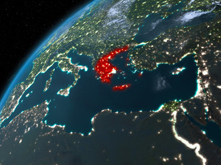 Greece on planet Earth in space at night
