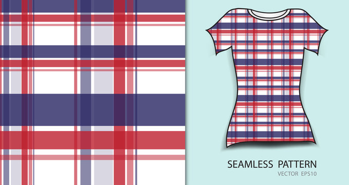 T-shirt design, Red and blue plaid tartan seamless pattern vector illustration, fabric texture, patterned clothing, abstract background