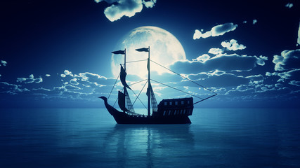 Naklejka premium stary statek w pełni księżyca na morzu