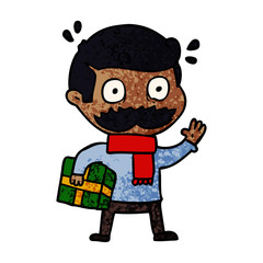 cartoon man with mustache and christmas present