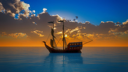 Fototapeta na wymiar old ship in sea sunset