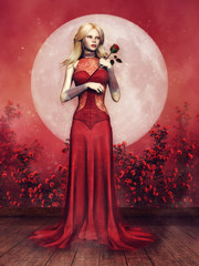 Blond dziewczyna w czerwonej sukni stojąca na tle księżyca i róż - obrazy, fototapety, plakaty