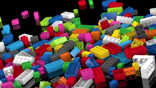 Colorful plastic bricks tumble into a pile (C4D Modeled/Rendered)