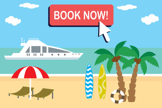 Cartoon travel banner template,tropical beach and summer trip