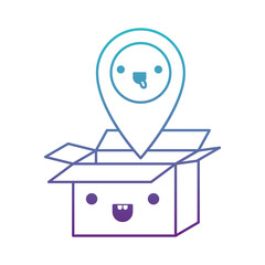 opened kawaii cardboard box with kawaii map pointer on top in degraded blue to purple color contour