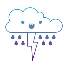 kawaii cloud with rain and thunderbolt in degraded blue to purple color contour