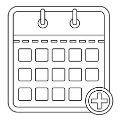 Calendar with plus icon. Outline illustration of calendar with plus vector icon for web