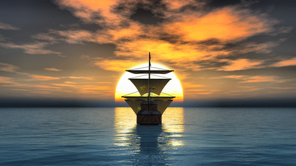 old ship in sea sunset